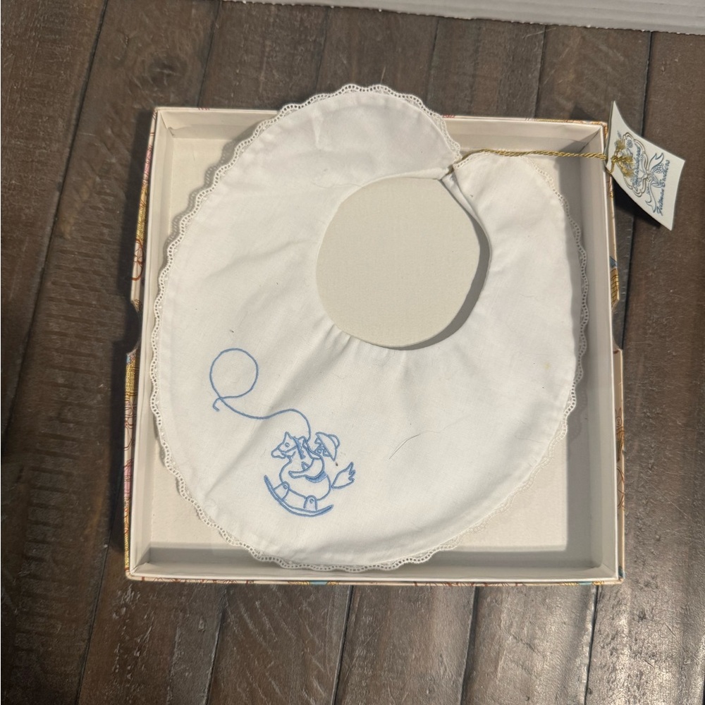 White Baby Bib with Blue Embroidery